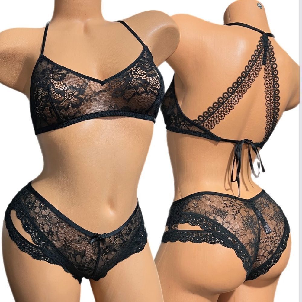 Victoria’s Secret Very Sexy Sheer Lace bralette & Cheekini panty set black M - Picture 4 of 6